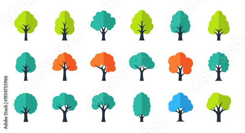A collection of colorful flat trees icons for design and illustrative purposes