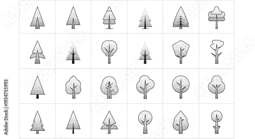A collection of stylized illustrations depicting diverse tree species in a grid layout