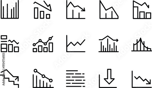 Business analytics chart icons set, financial growth and decline graphs collection, modern black outline vector symbols isolated on white background