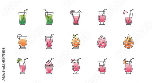 Aesthetic array of refreshing colorful summer drinks and frozen desserts vector illustrations