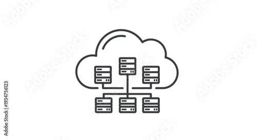 Cloud computing network diagram icon showing interconnected servers and data storage elements