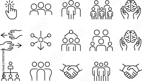 Human Resources and Teamwork Line Icon Set Featuring Collaboration Networking Business Leadership Mental Health Support Corporate Management Partnership and Group Organization