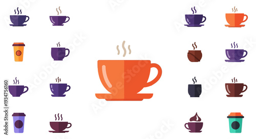 Collection of stylized coffee cups and mugs in diverse colors for design assets