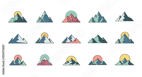 Collection of stylized mountain illustrations with various color schemes and sun elements