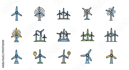 Illustration of Wind Turbines in Various Designs Representing Renewable Energy Sources