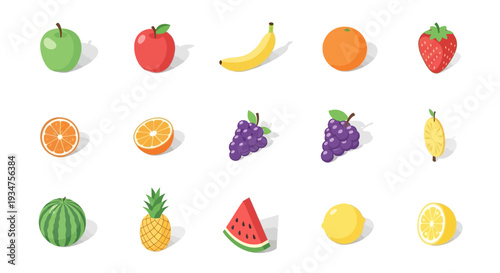 Isometric arrangement of various fruits: apple, banana, orange, strawberry, and more