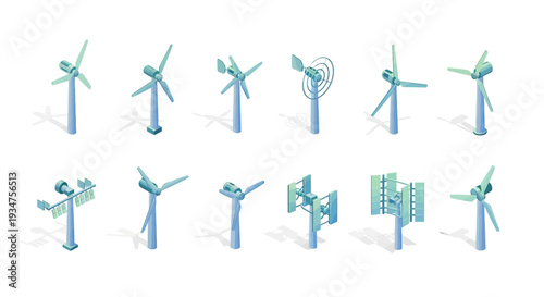 Isometric view of a collection of different types of wind turbines on a white backdrop