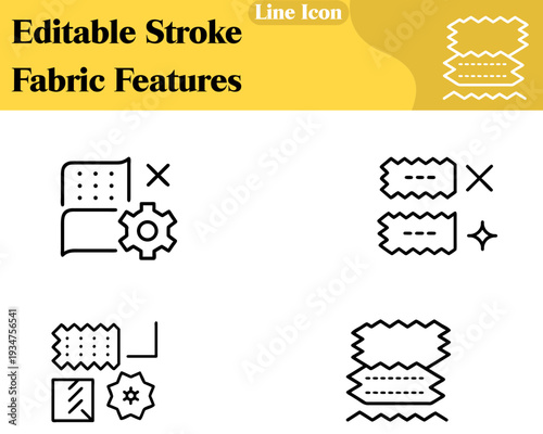 Minimal flat vector icon showing a folded fabric swatch with stitch lines and a small shield symbol. Representing fabric quality durability and material features. Clean lines simple design soft blue.