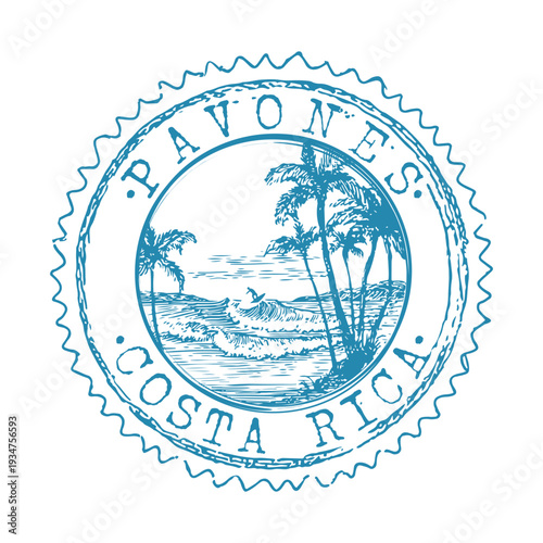 Vintage Pavones Costa Rica badge featuring the world’s longest left hand surf break and lush jungle