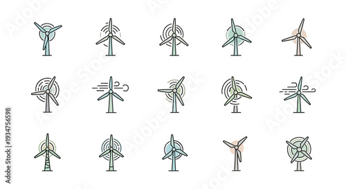 Set of minimalist wind turbine icons representing sustainable energy resources on white background