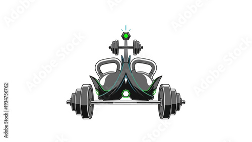 Symmetrical gym equipment with kettlebells and barbells.