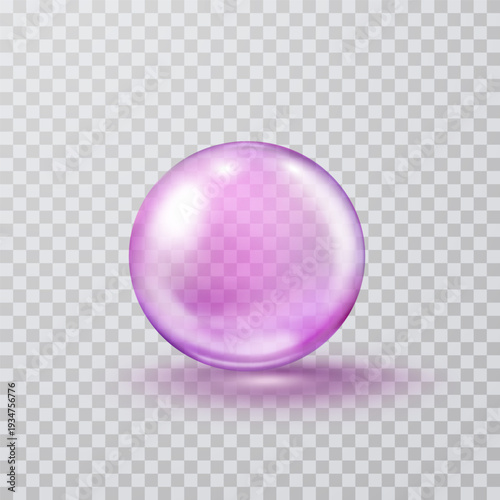 Glass ball isolated on transparent background. Realistic vector clear crystal sphere, pink water bubble with shadow