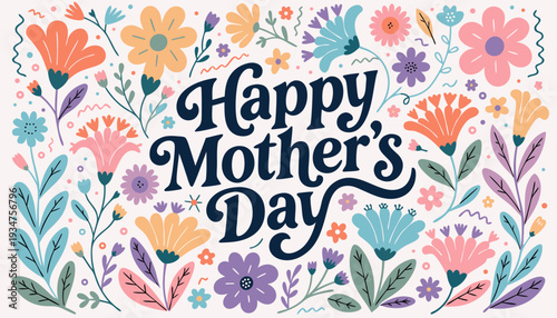 A vibrant floral arrangement featuring pink blue and purple blossoms gracefully adorns a happy mother s day greeting high-quality professional detailed modern elegant stylish clean