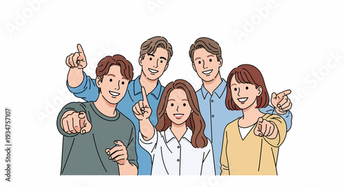 Five diverse young people smiling and pointing forward with enthusiasm, an illustration of teamwork and direction.