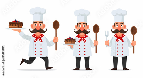 Three cartoon chefs with mustaches and chef hats holding chocolate cakes and kitchen utensils.