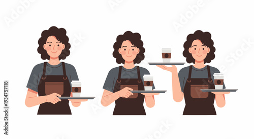 Cartoon illustration of a smiling barista or server holding trays with coffee cups.