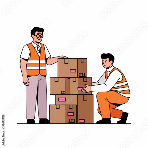 Two workers in safety vests stacking and organizing cardboard boxes in a warehouse or logistics setting.