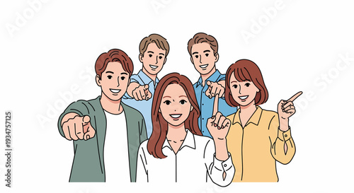 Five diverse young people smiling and pointing forward, indicating choice or direction.