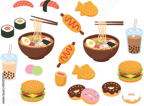 Colorful Japanese ramen sushi and fast food cartoon icons with burgers donuts bubble tea drinks set