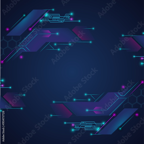 Abstract high-tech background with neon glowing lines, circuit elements and hexagon patterns on dark blue backdrop, perfect for digital innovation and AI concepts.