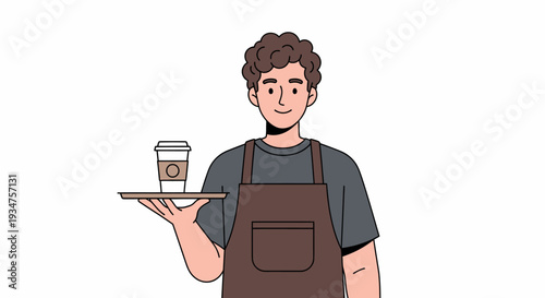 Smiling barista holding a tray with a coffee cup, illustration.