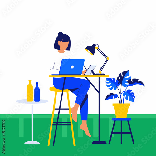 Woman working on laptop at a home office desk with a plant and bottles.