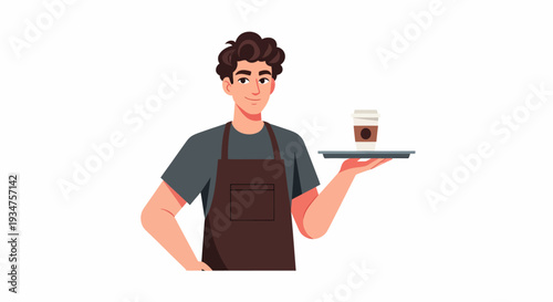 A friendly young male barista or waiter wearing an apron, holding a tray with a coffee cup, offering service with a smile.