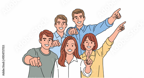 Diverse group of five smiling people pointing forward and upward, indicating selection or direction.