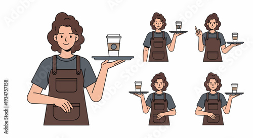 Illustration set of a friendly barista serving coffee with a tray and a disposable cup.