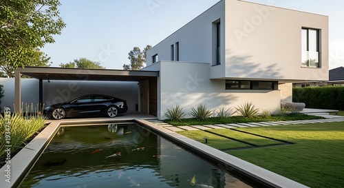 Wallpaper Mural Modern house exterior with sleek car parked under garage beside serene water feature in manicured garden Torontodigital.ca