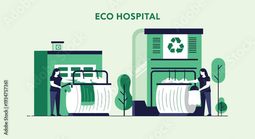 Illustration Of Eco-Friendly Hospital With Recycling Symbol And Healthcare Workers
