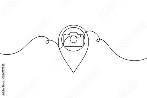 Camera with location pin sign icon continuous one line art single drawing on white background minimal map marker tag photo line symbol outline vector illustration