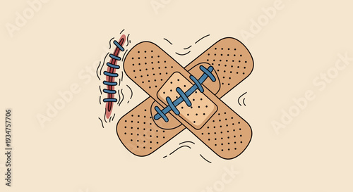 Illustration Of Injury Treatment With Surgical Stitching And Bandage Application