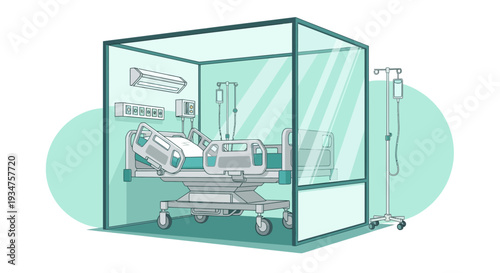 Illustration Of Isolated Patient Room With Modern Bed And Medical Equipment