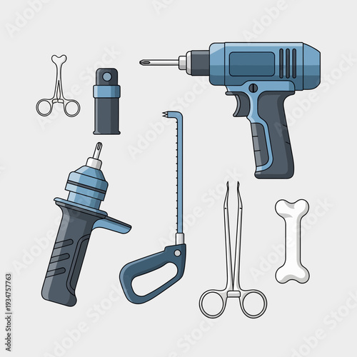 Illustration Of Medical And Construction Tools, Including Drill, Saw, Syringe, And Forceps