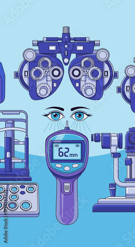 Illustration Of Ophthalmic Tools And Eyes Demonstrating Vision Care And Eye Examination Processes