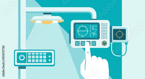 Illustration Of Medical Equipment With Hand Activating a Surgical Lamp Display Screen