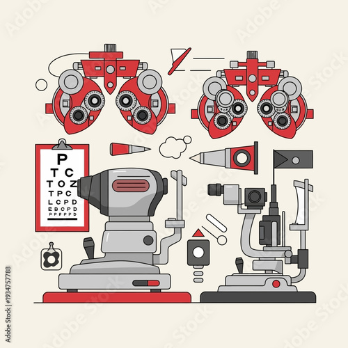 Illustration of Optical Diagnostic Instruments Used for Comprehensive Eye Examinations and Vision