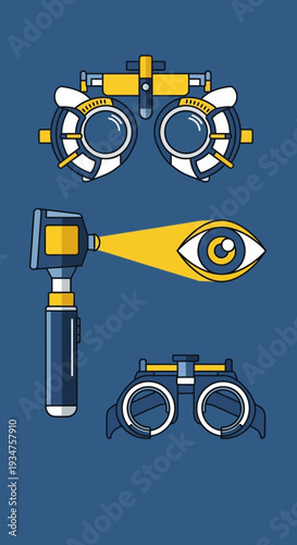 Illustration Of Optometric Instruments Depicting Eye Examination Process In Medical Environment