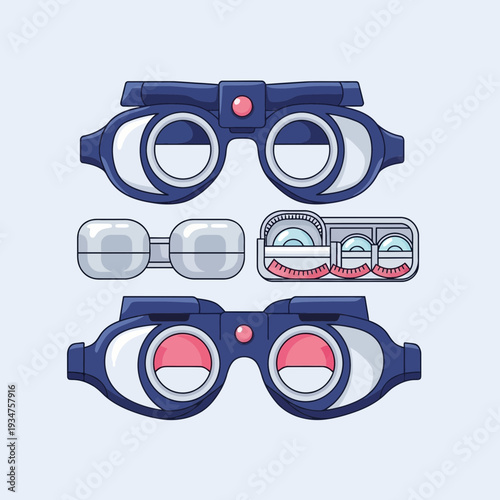 Illustration Of Optometric Equipment, Focusing on Vision Correction Devices and Visual Acuity Tools