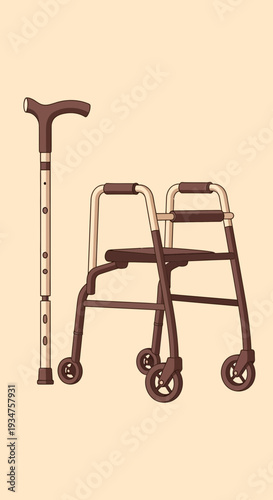 Illustration Of Mobility Aids: Walker And Cane For Elderly Individuals' Independence And Support