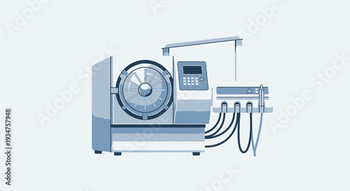 Illustration Of Modern Dental Equipment With Integrated Display And Connected Tools
