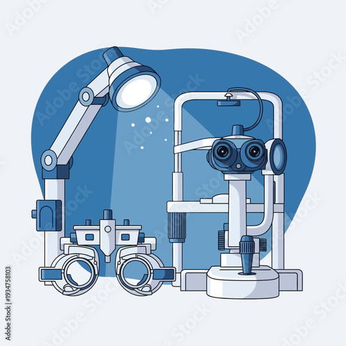 Illustration Of Ophthalmic Equipment: Comprehensive Eye Exam Devices and Diagnostics Tools