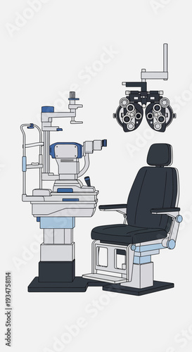 Illustration Of Optometry Equipment Depicting Eye Examination Tools And Clinical Seating