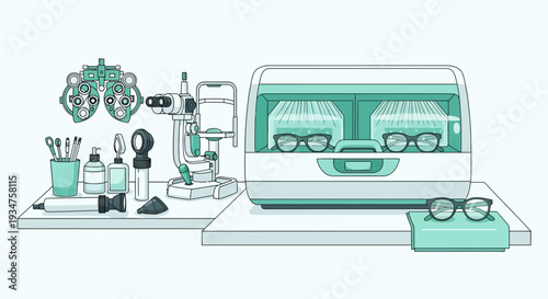 Illustration Of Optometry Equipment Depicting Eye Care And Vision Examination