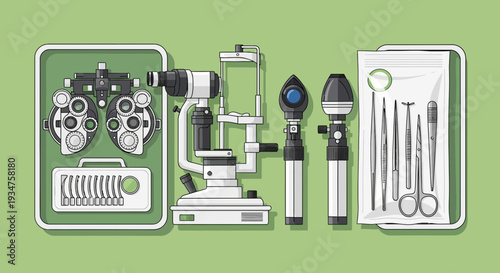 Illustration Of Optometry Equipment For Eye Exams And Medical Procedures