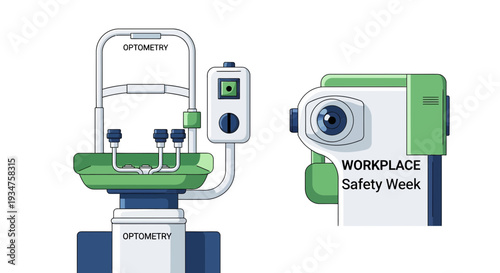 Illustration Of Optometry Equipment For Eye Exams And Workplace Safety Awareness Campaign