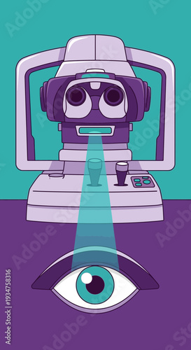 Illustration Of Ophthalmic Examination Equipment Inspecting An Animated Eye With A Beam of Light
