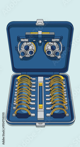 Illustration Of Optometry Equipment For Eye Exams With Trial Lenses And Phoropter Inside A Case