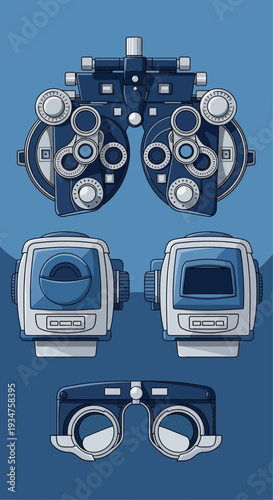 Illustration Of Optometry Equipment Showing An Eye Exam Tools For Vision Assessment and Diagnosis